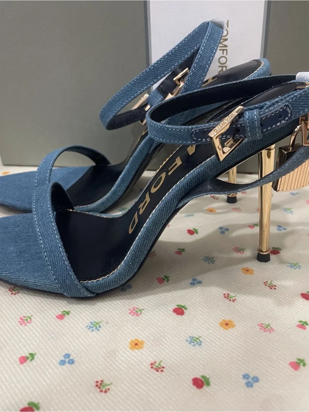 Tom Ford Denim Blue Pointed-Toe Ankle-Strap Heels with Gold Accents